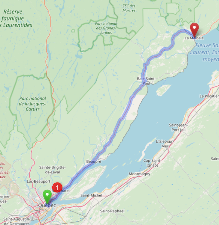 Route Quebec-La Malbaie (© OpenStreetMap-contributors, Daten von OpenStreetMap - Veröffentlicht unter ODbL)