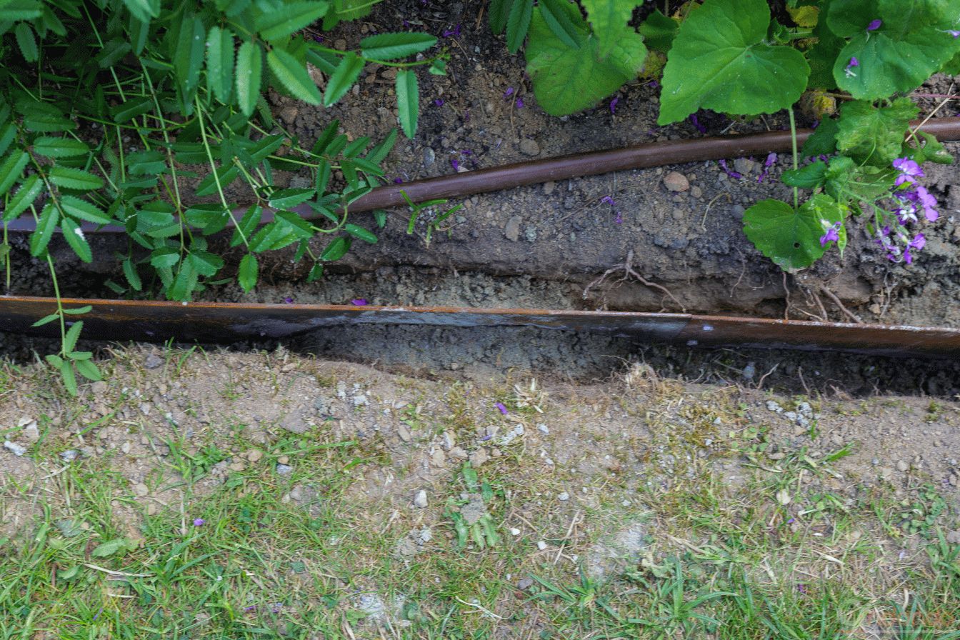 Rasenkanten eingebaut und mit Beton fixiert