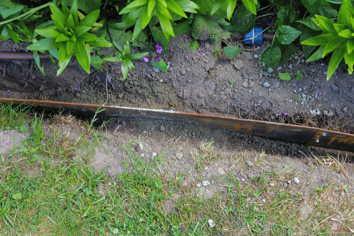 Rasenkanten eingebaut und mit Beton fixiert