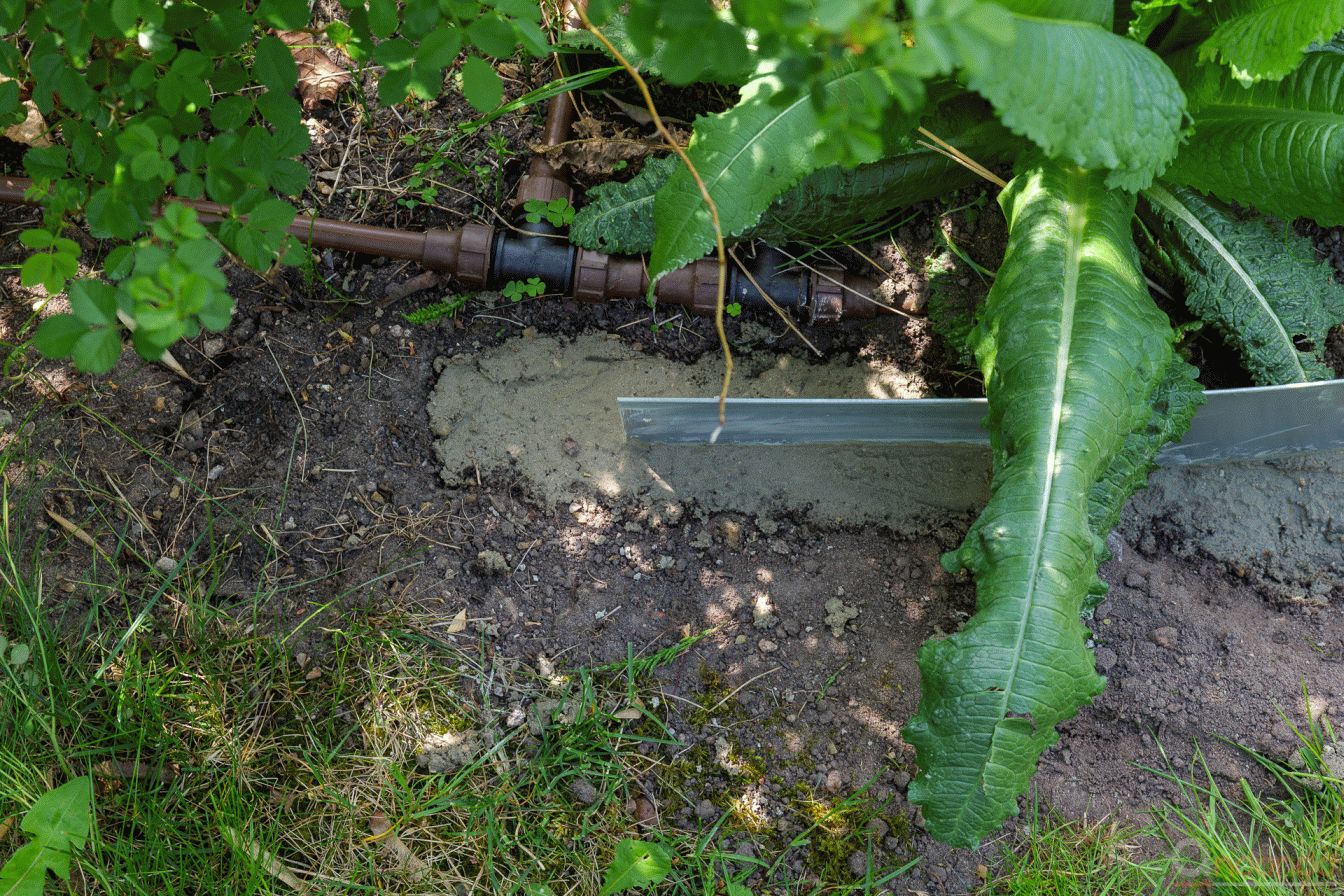 Rasenkanten eingebaut und mit Beton fixiert
